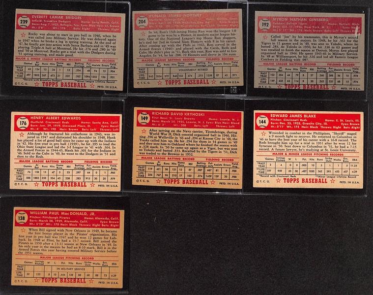 Lot of (7) 1952 Topps Baseball Cards in EX-EX+ Condition w. Rocky Bridges RC